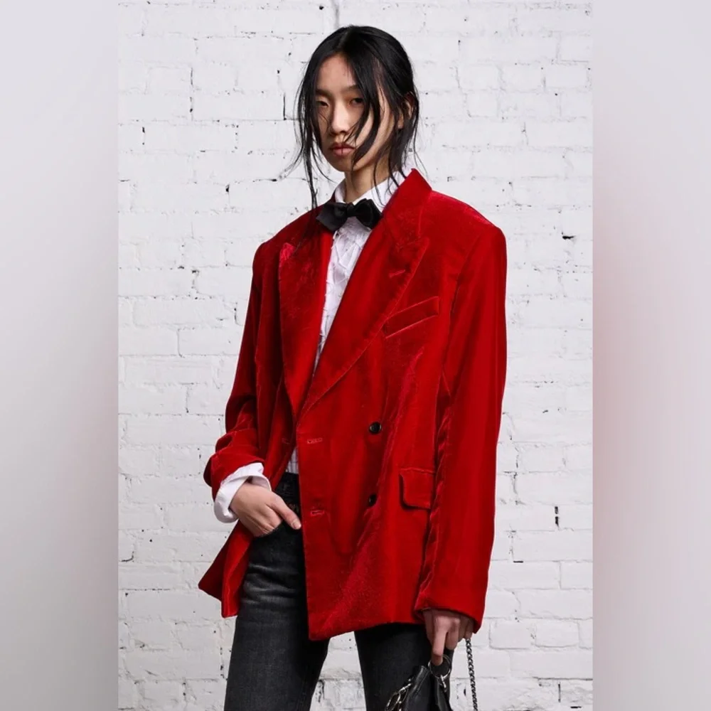 R13 DB Peak Lapel Ragged Blazer, Red Velvet - Picture 10 of 17